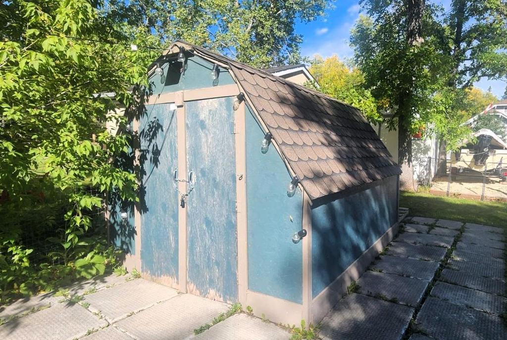 241 Maple Avenue &middot; the blue shed at the edge of the yard