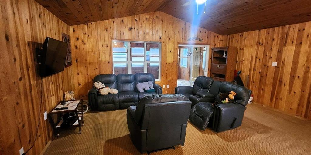 325 Epsilon Avenue, Winnipeg Beach &middot; living room under the vaulted pine ceiling with leather seating