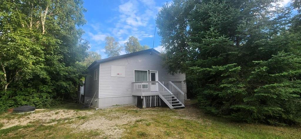 41 Little Deer Road &middot; the cabin from the side, showing the entry steps and gravel parking area
