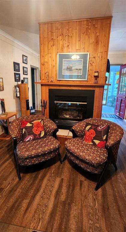 560 Prospect Street, Winnipeg Beach · fireplace with a pine surround and armchairs on wood flooring