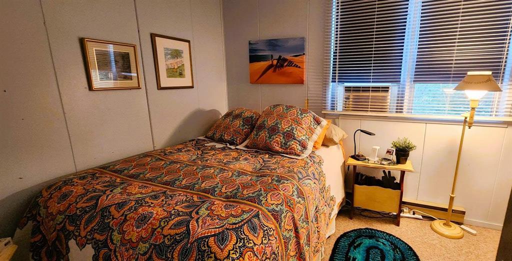 560 Prospect Street, Winnipeg Beach · bedroom with a double bed, blinds and a wall air conditioner