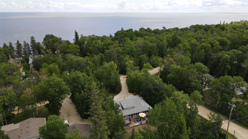 560 Prospect Street, Winnipeg Beach · aerial view over the treed neighbourhood to Lake Winnipeg